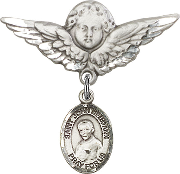 Sterling Silver Baby Badge with St. John Neumann Charm and Angel w/Wings Badge Pin