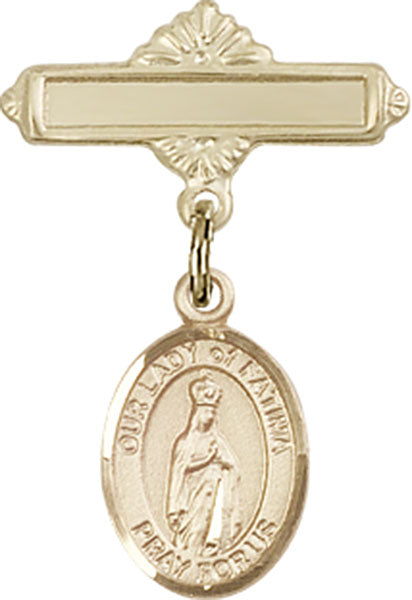 14kt Gold Filled Baby Badge with O/L of Fatima Charm and Polished Badge Pin