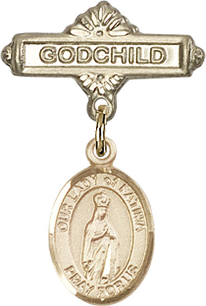 14kt Gold Baby Badge with O/L of Fatima Charm and Godchild Badge Pin