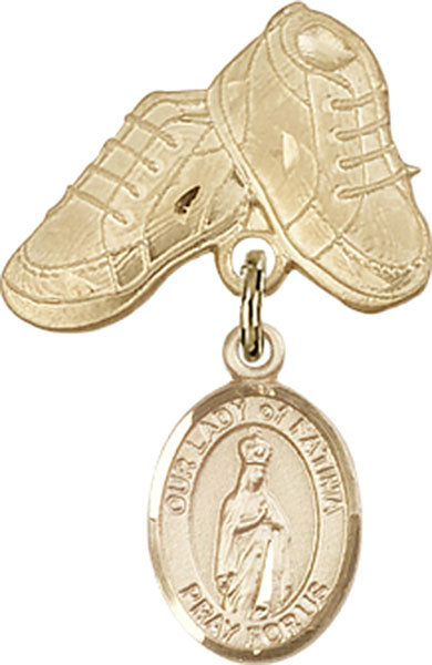 14kt Gold Baby Badge with O/L of Fatima Charm and Baby Boots Pin