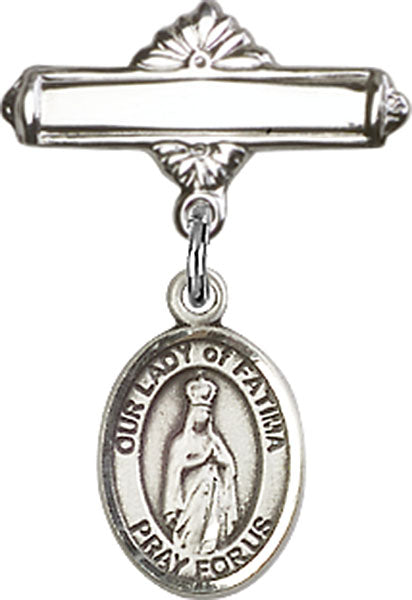 Sterling Silver Baby Badge with O/L of Fatima Charm and Polished Badge Pin