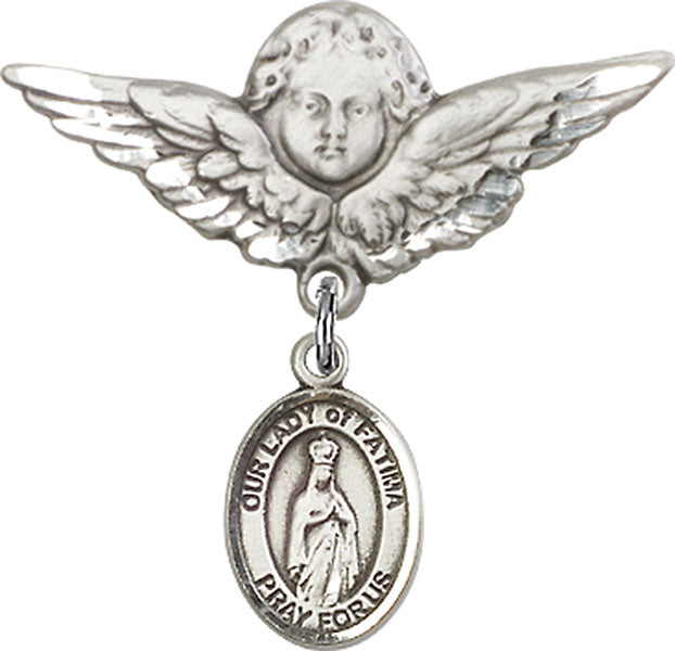 Sterling Silver Baby Badge with O/L of Fatima Charm and Angel w/Wings Badge Pin