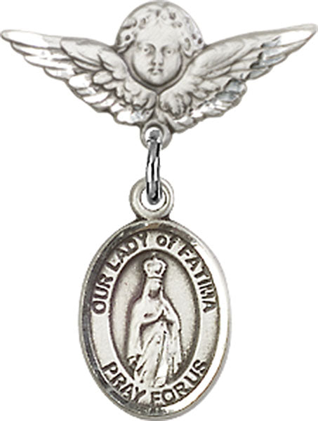 Sterling Silver Baby Badge with O/L of Fatima Charm and Angel w/Wings Badge Pin