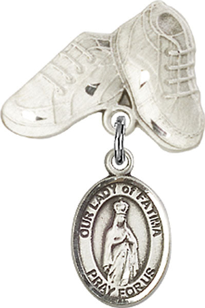 Sterling Silver Baby Badge with O/L of Fatima Charm and Baby Boots Pin