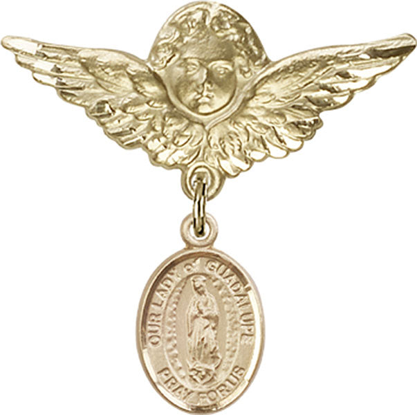 14kt Gold Baby Badge with O/L of Guadalupe Charm and Angel w/Wings Badge Pin