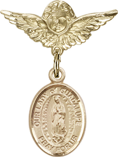 14kt Gold Baby Badge with O/L of Guadalupe Charm and Angel w/Wings Badge Pin