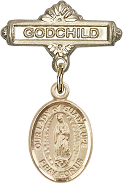 14kt Gold Baby Badge with O/L of Guadalupe Charm and Godchild Badge Pin