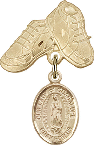14kt Gold Baby Badge with O/L of Guadalupe Charm and Baby Boots Pin