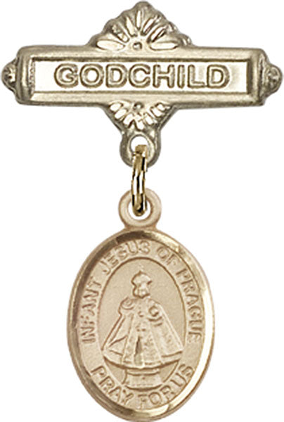14kt Gold Filled Baby Badge with Infant of Prague Charm and Godchild Badge Pin