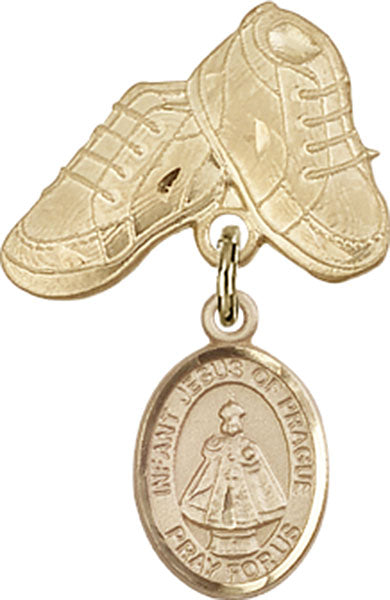 14kt Gold Filled Baby Badge with Infant of Prague Charm and Baby Boots Pin