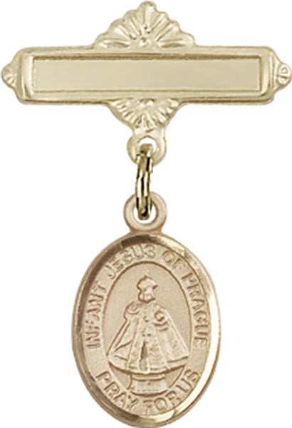 14kt Gold Baby Badge with Infant of Prague Charm and Polished Badge Pin