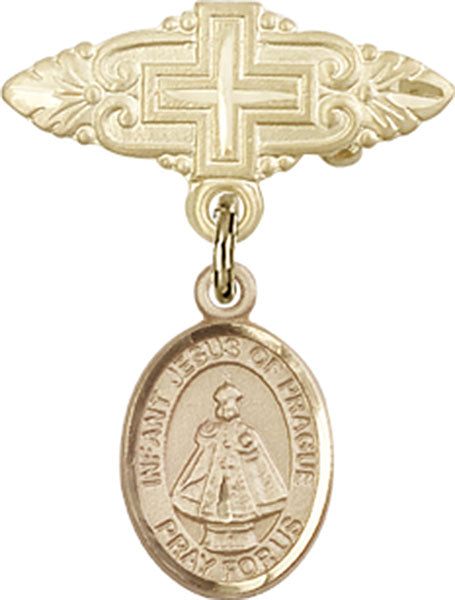 14kt Gold Baby Badge with Infant of Prague Charm and Badge Pin with Cross