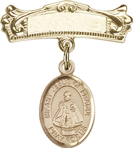 14kt Gold Baby Badge with Infant of Prague Charm and Arched Polished Badge Pin