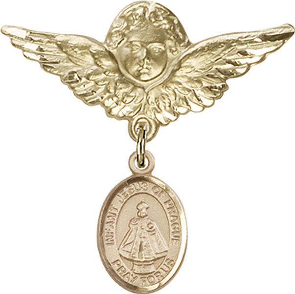 14kt Gold Baby Badge with Infant of Prague Charm and Angel w/Wings Badge Pin