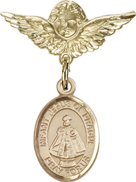 14kt Gold Baby Badge with Infant of Prague Charm and Angel w/Wings Badge Pin