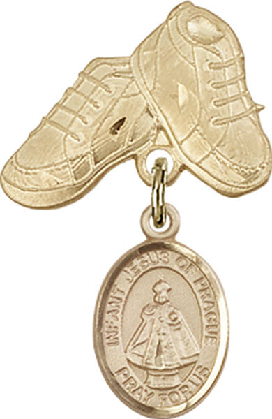 14kt Gold Baby Badge with Infant of Prague Charm and Baby Boots Pin