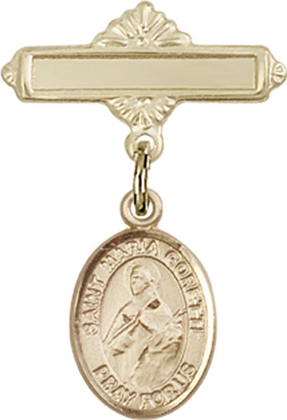 14kt Gold Baby Badge with St. Maria Goretti Charm and Polished Badge Pin