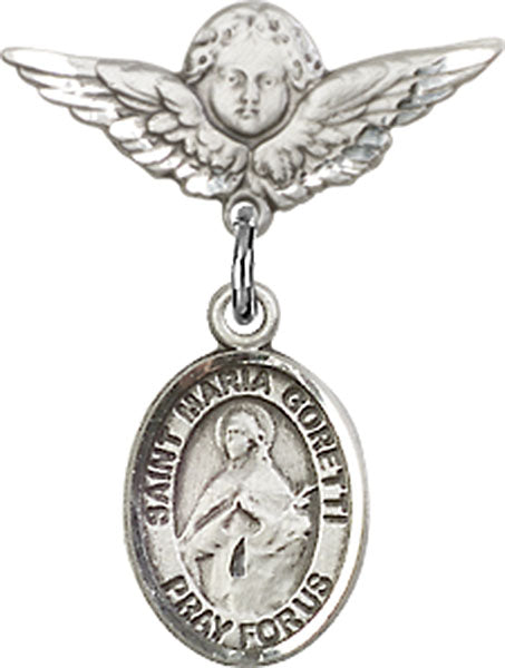 Sterling Silver Baby Badge with St. Maria Goretti Charm and Angel w/Wings Badge Pin