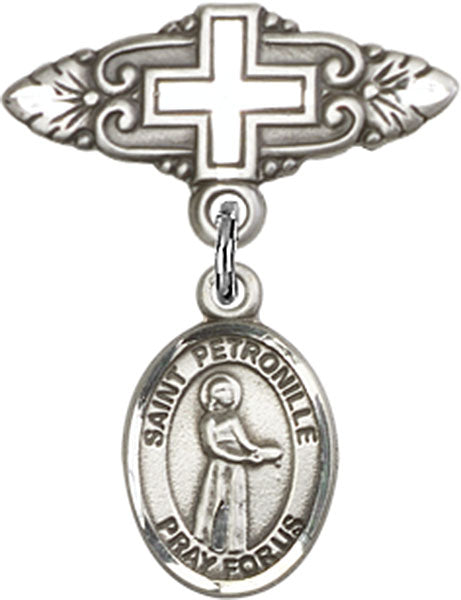 Sterling Silver Baby Badge with St. Petronille Charm and Badge Pin with Cross