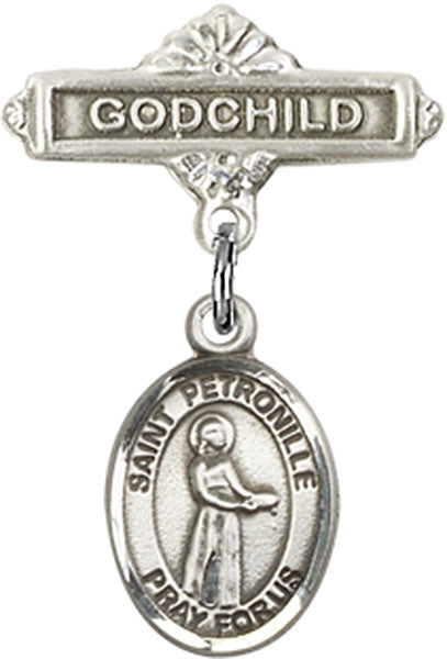 Sterling Silver Baby Badge with St. Petronille Charm and Godchild Badge Pin