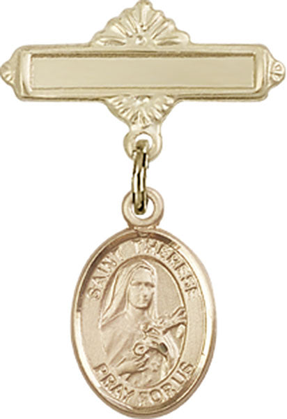 14kt Gold Filled Baby Badge with St. Therese of Lisieux Charm and Polished Badge Pin
