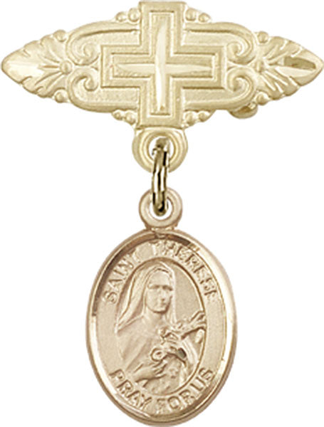 14kt Gold Filled Baby Badge with St. Therese of Lisieux Charm and Badge Pin with Cross