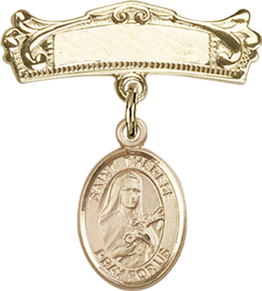 14kt Gold Baby Badge with St. Therese of Lisieux Charm and Arched Polished Badge Pin
