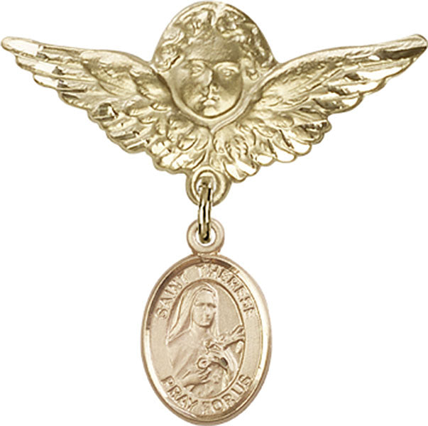 14kt Gold Baby Badge with St. Therese of Lisieux Charm and Angel w/Wings Badge Pin