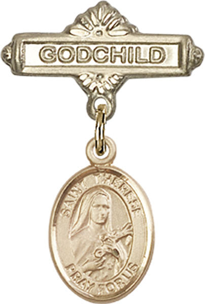 14kt Gold Baby Badge with St. Therese of Lisieux Charm and Godchild Badge Pin