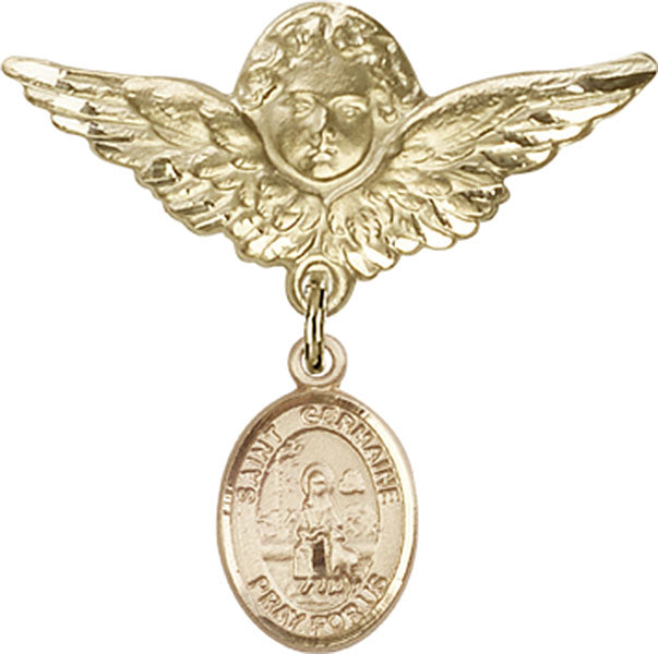 14kt Gold Filled Baby Badge with St. Germaine Cousin Charm and Angel w/Wings Badge Pin