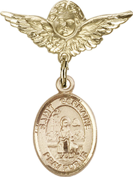14kt Gold Filled Baby Badge with St. Germaine Cousin Charm and Angel w/Wings Badge Pin