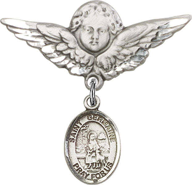 Sterling Silver Baby Badge with St. Germaine Cousin Charm and Angel w/Wings Badge Pin
