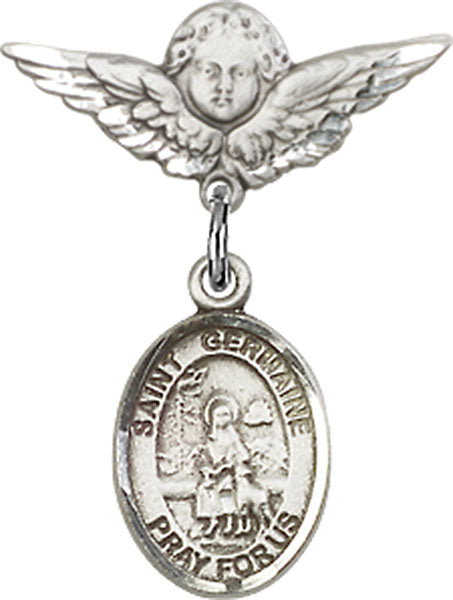 Sterling Silver Baby Badge with St. Germaine Cousin Charm and Angel w/Wings Badge Pin