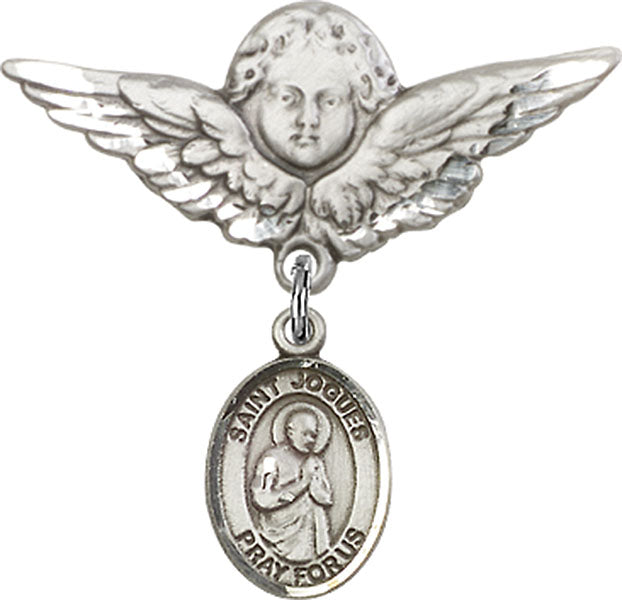 Sterling Silver Baby Badge with St. Isaac Jogues Charm and Angel w/Wings Badge Pin