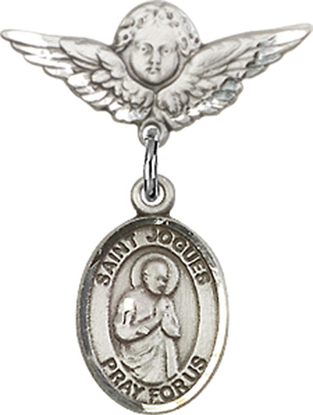 Sterling Silver Baby Badge with St. Isaac Jogues Charm and Angel w/Wings Badge Pin