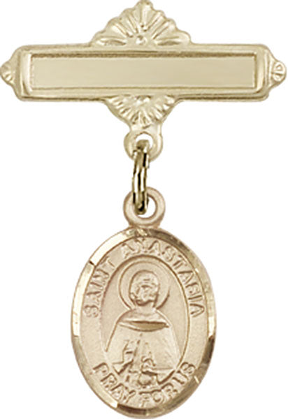 14kt Gold Filled Baby Badge with St. Anastasia Charm and Polished Badge Pin