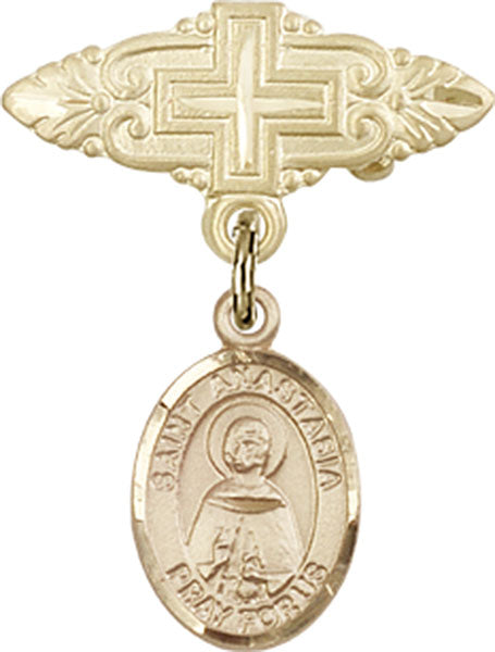 14kt Gold Filled Baby Badge with St. Anastasia Charm and Badge Pin with Cross