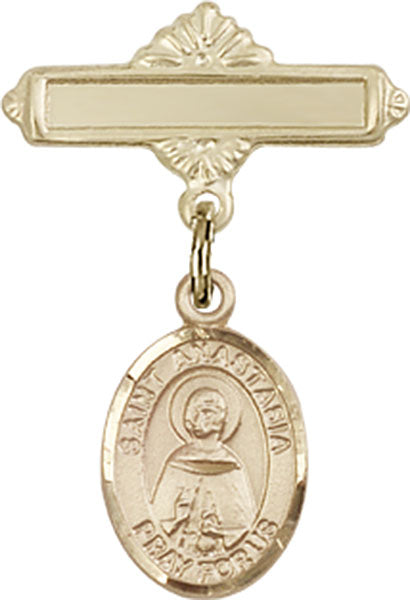 14kt Gold Baby Badge with St. Anastasia Charm and Polished Badge Pin