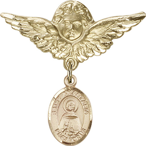 14kt Gold Baby Badge with St. Anastasia Charm and Angel w/Wings Badge Pin