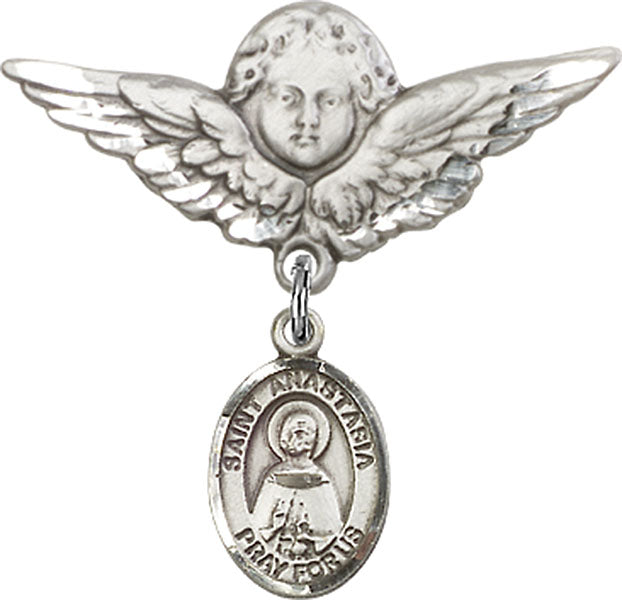 Sterling Silver Baby Badge with St. Anastasia Charm and Angel w/Wings Badge Pin