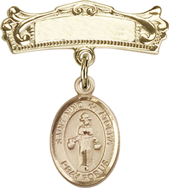 14kt Gold Filled Baby Badge with St. Nino de Atocha Charm and Arched Polished Badge Pin