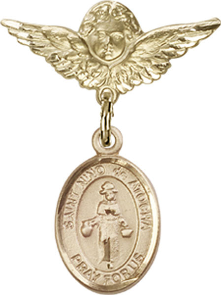 14kt Gold Filled Baby Badge with St. Nino de Atocha Charm and Angel w/Wings Badge Pin