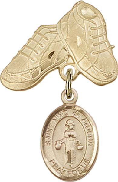 14kt Gold Filled Baby Badge with St. Nino de Atocha Charm and Baby Boots Pin