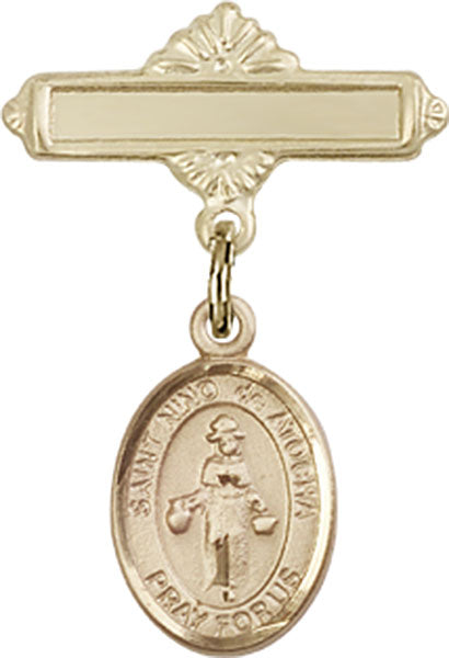 14kt Gold Baby Badge with St. Nino de Atocha Charm and Polished Badge Pin