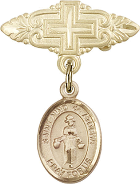 14kt Gold Baby Badge with St. Nino de Atocha Charm and Badge Pin with Cross