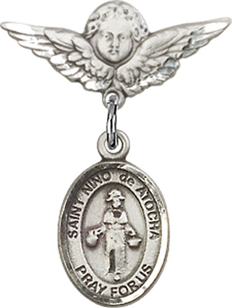 Sterling Silver Baby Badge with St. Nino de Atocha Charm and Angel w/Wings Badge Pin