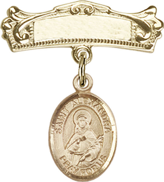 14kt Gold Filled Baby Badge with St. Alexandra Charm and Arched Polished Badge Pin