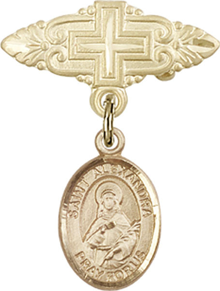 14kt Gold Baby Badge with St. Alexandra Charm and Badge Pin with Cross