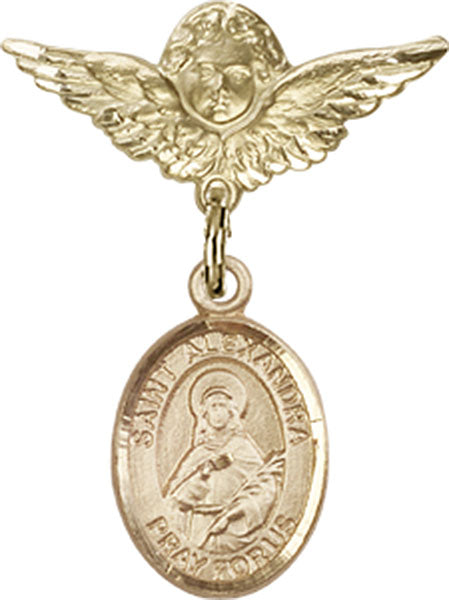 14kt Gold Baby Badge with St. Alexandra Charm and Angel w/Wings Badge Pin