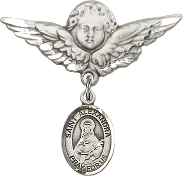 Sterling Silver Baby Badge with St. Alexandra Charm and Angel w/Wings Badge Pin